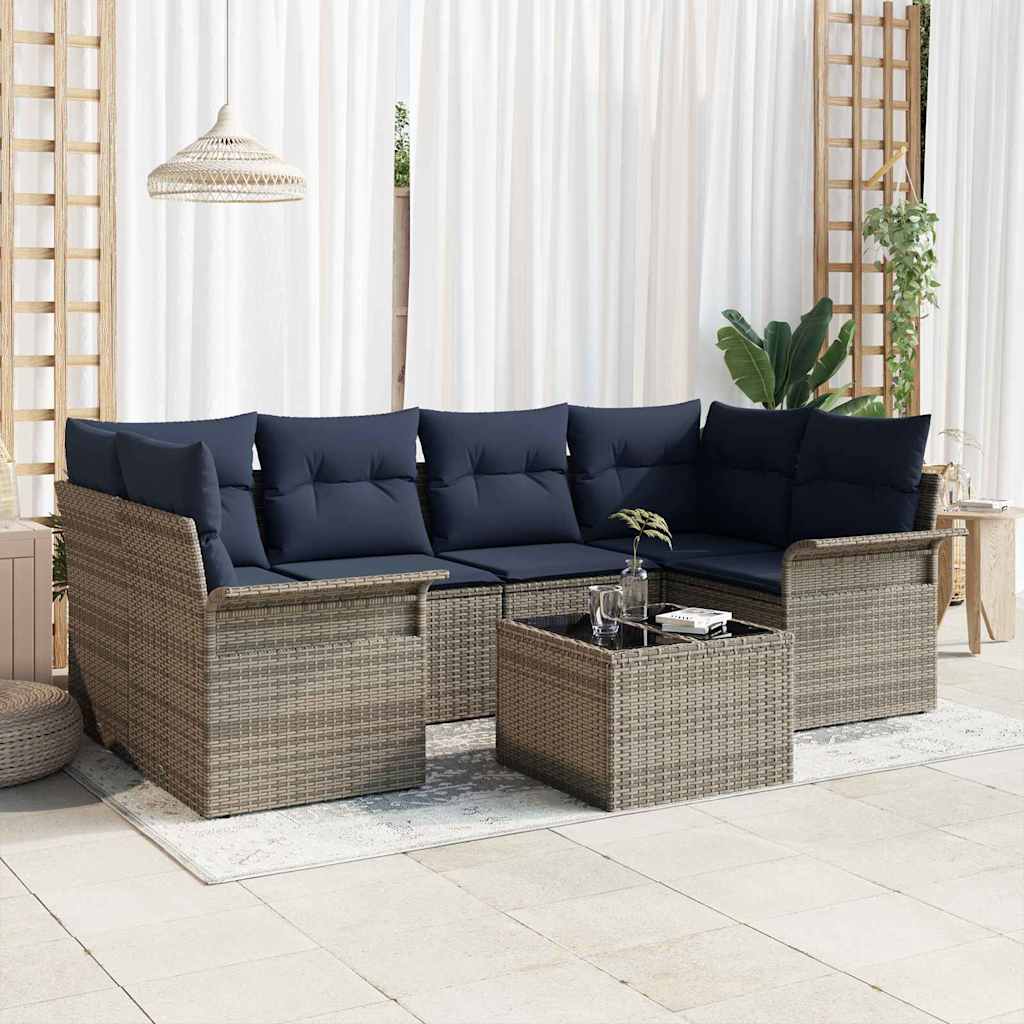 Tuin Sofa Set met kussen 7 pcs Grijs en Marineblauw poly rattan is nu te koop bij PeponiXL, paradijselijk wonen!