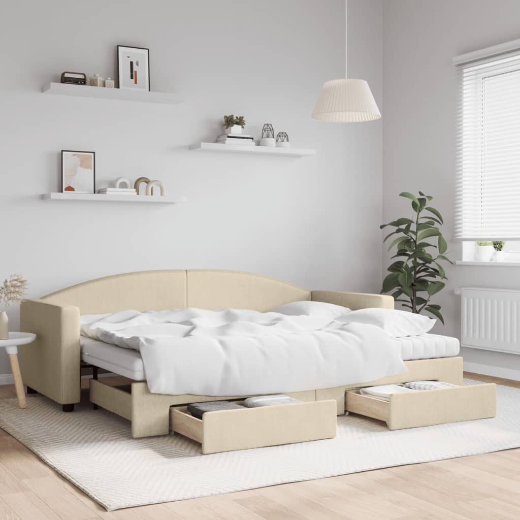 Slaapbank met onderschuifbed en lades 80x200 cm stof crèmekleur is nu te koop bij PeponiXL, paradijselijk wonen!