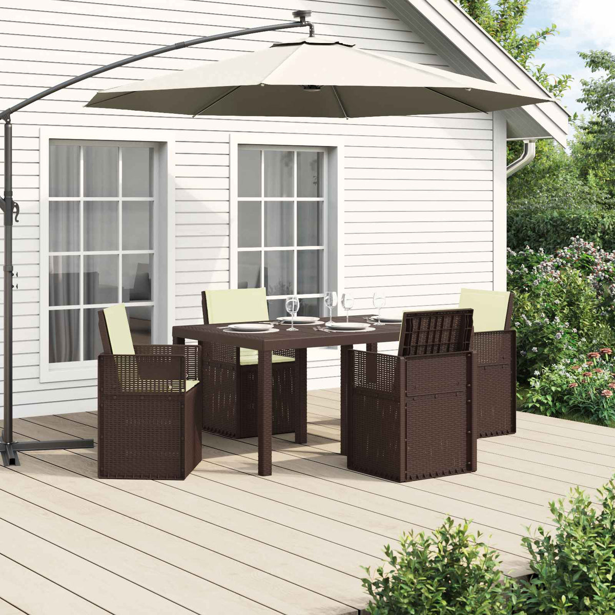 Tuin eettafelset met kussen 5 pcs Bruin en crèmekleurig PP is nu te koop bij PeponiXL, paradijselijk wonen!