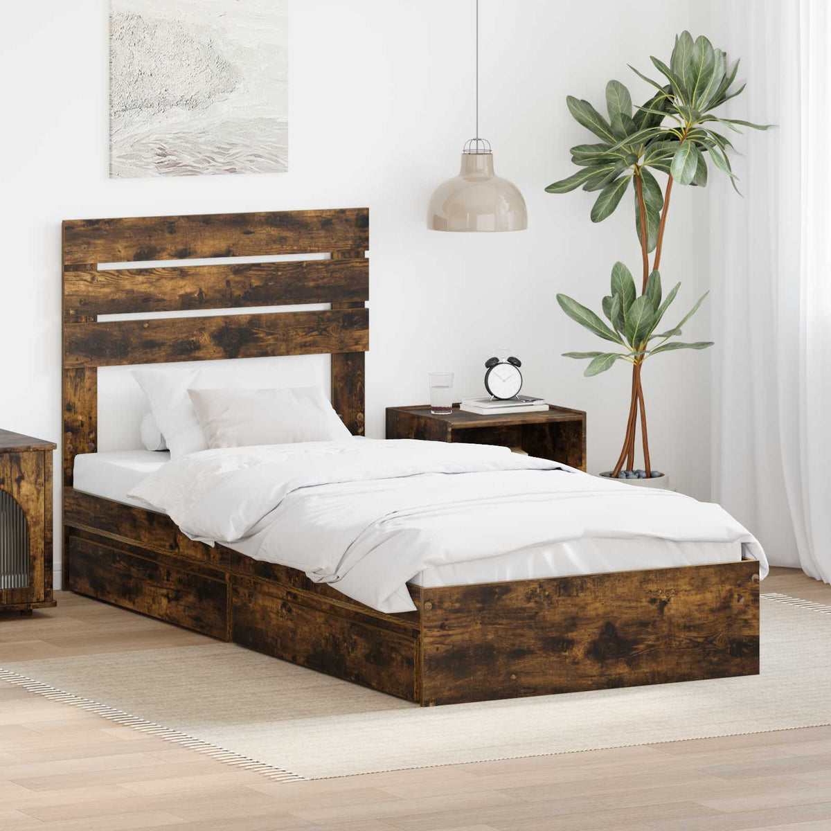 Opslag bed met lade Gerookt eiken 75 x 190 cm Bewerkt hout is nu te koop bij PeponiXL, paradijselijk wonen!
