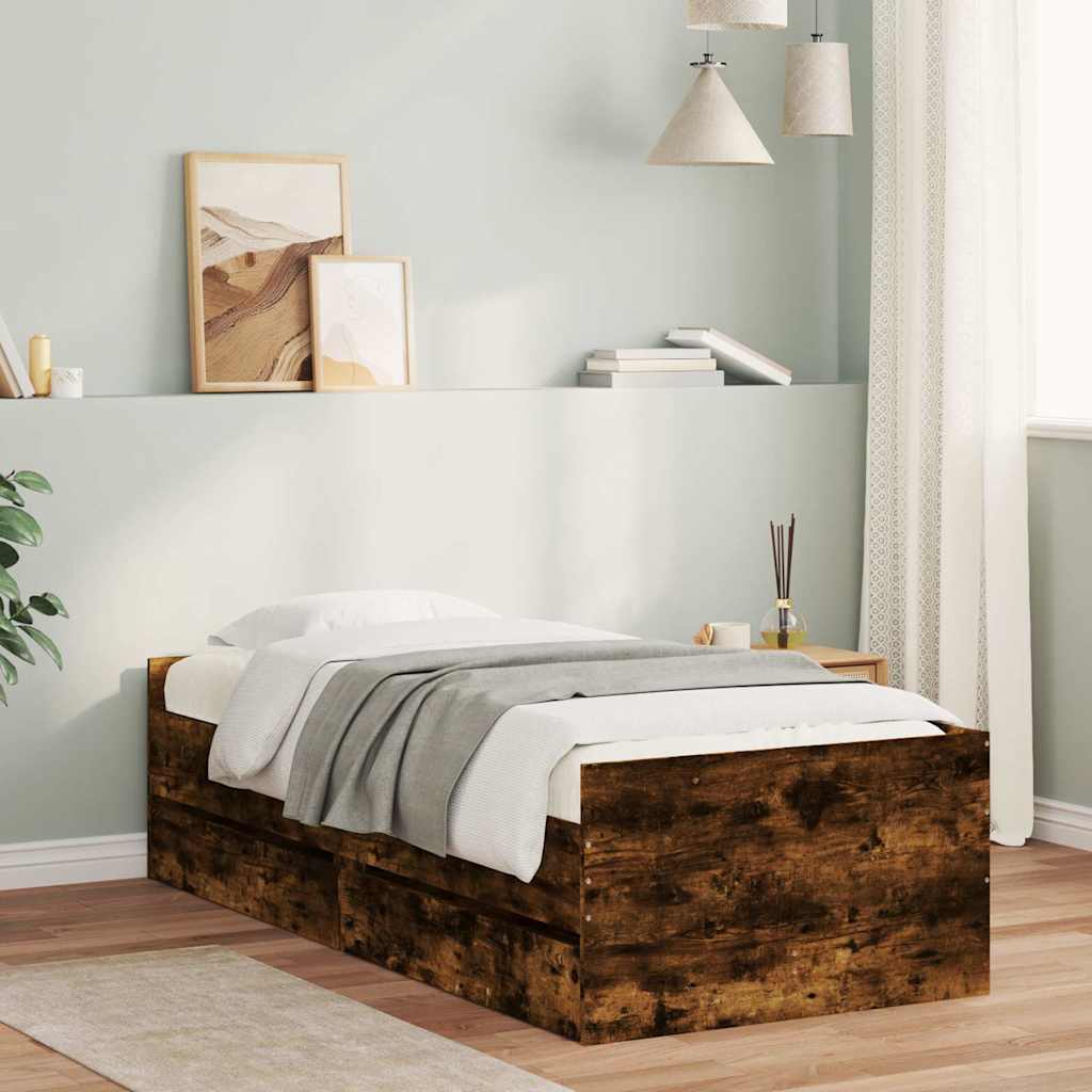 Bedframe met lades gerookt eikenkleurig 90x200 cm is nu te koop bij PeponiXL, paradijselijk wonen!