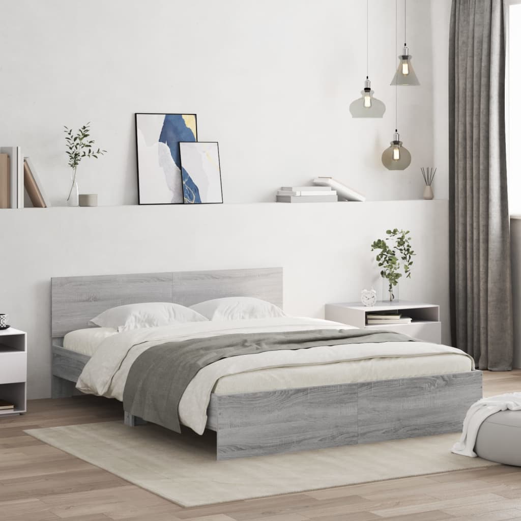 Bedframe met hoofdeinde en LED-licht grijs sonoma 160x200 cm is nu te koop bij PeponiXL, paradijselijk wonen!