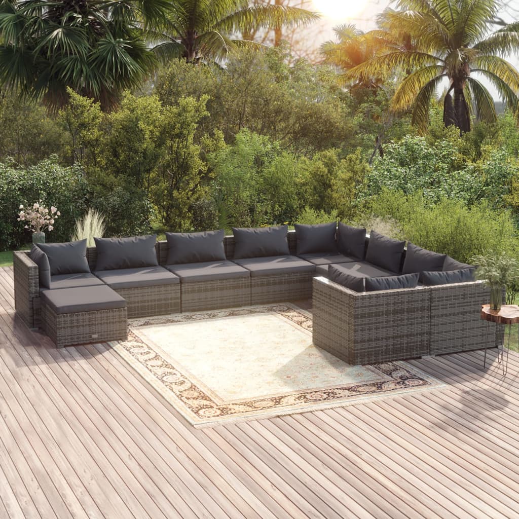 10-delige Loungeset met kussens poly rattan grijs is nu te koop bij PeponiXL, paradijselijk wonen!