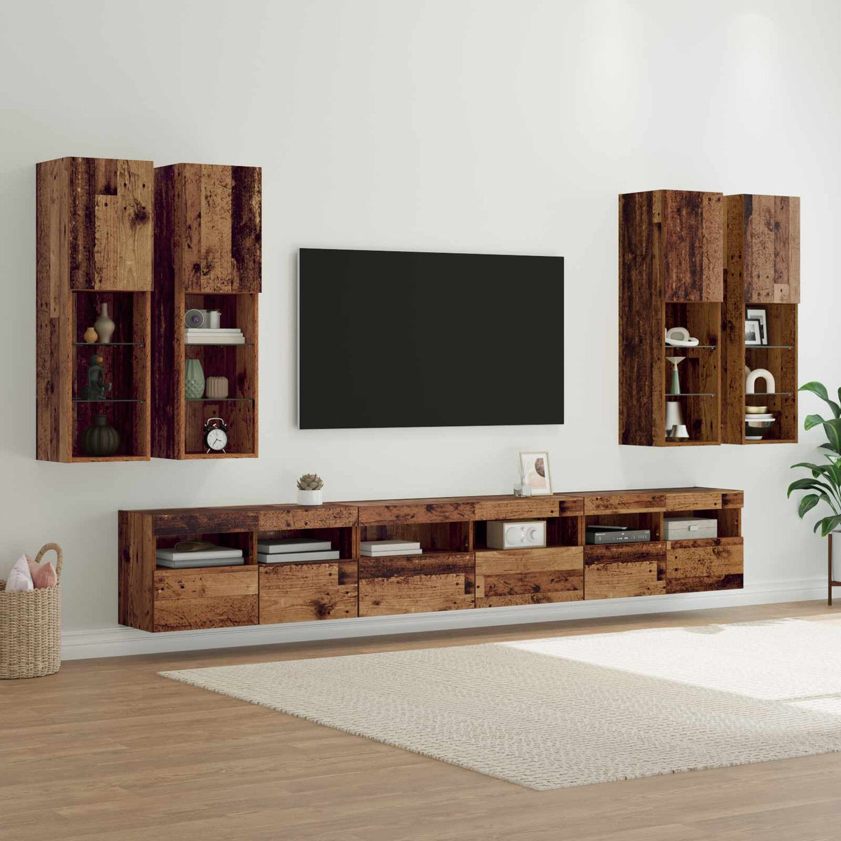 TV Wandkast Set Wandgemonteerd 7 pcs Oud Hout Bewerkt hout is nu te koop bij PeponiXL, paradijselijk wonen!