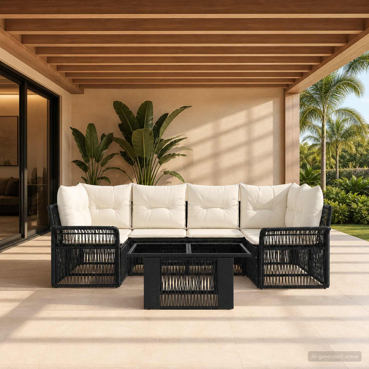 Tuinbankenset 7 st Zwart en Cream Wit poly rattan is nu te koop bij PeponiXL, paradijselijk wonen!