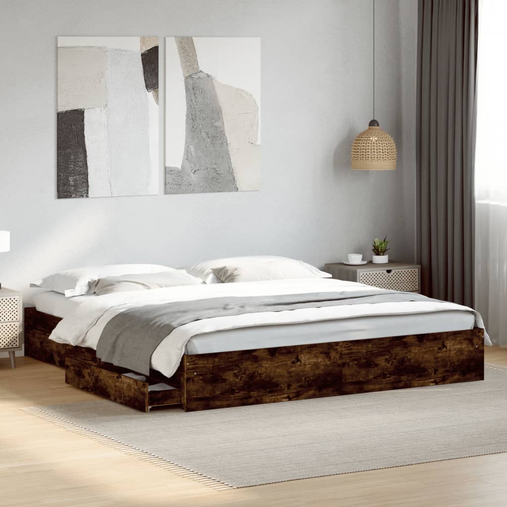 Bedframe met lades bewerkt hout gerookt eikenkleurig 200x200 cm is nu te koop bij PeponiXL, paradijselijk wonen!