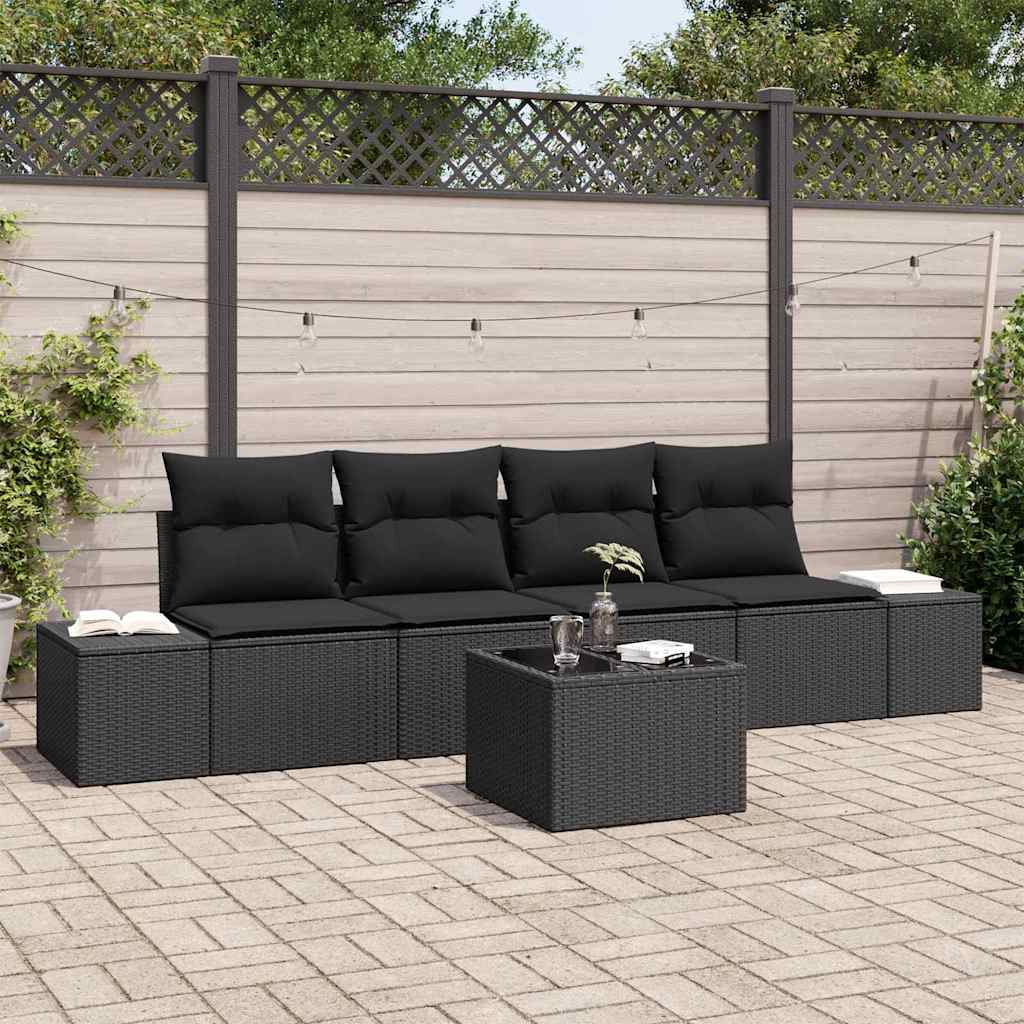 Bankstel met kussen met kussen 5 pcs Zwart poly rattan is nu te koop bij PeponiXL, paradijselijk wonen!