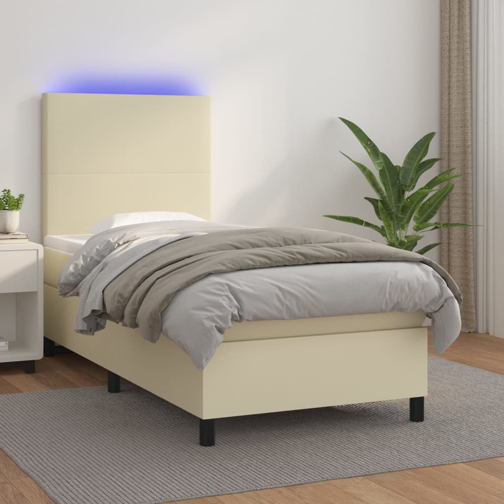 Boxspring met matras en LED kunstleer crèmekleurig 90x190 cm is nu te koop bij PeponiXL, paradijselijk wonen!