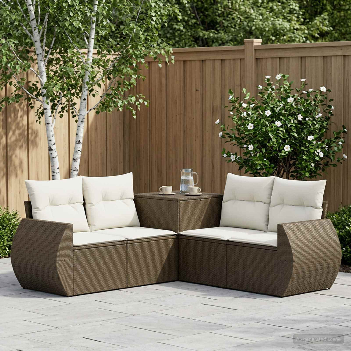 Bankstel 5 st Bruin en Crème Wit Poly Rattan en Staal is nu te koop bij PeponiXL, paradijselijk wonen!