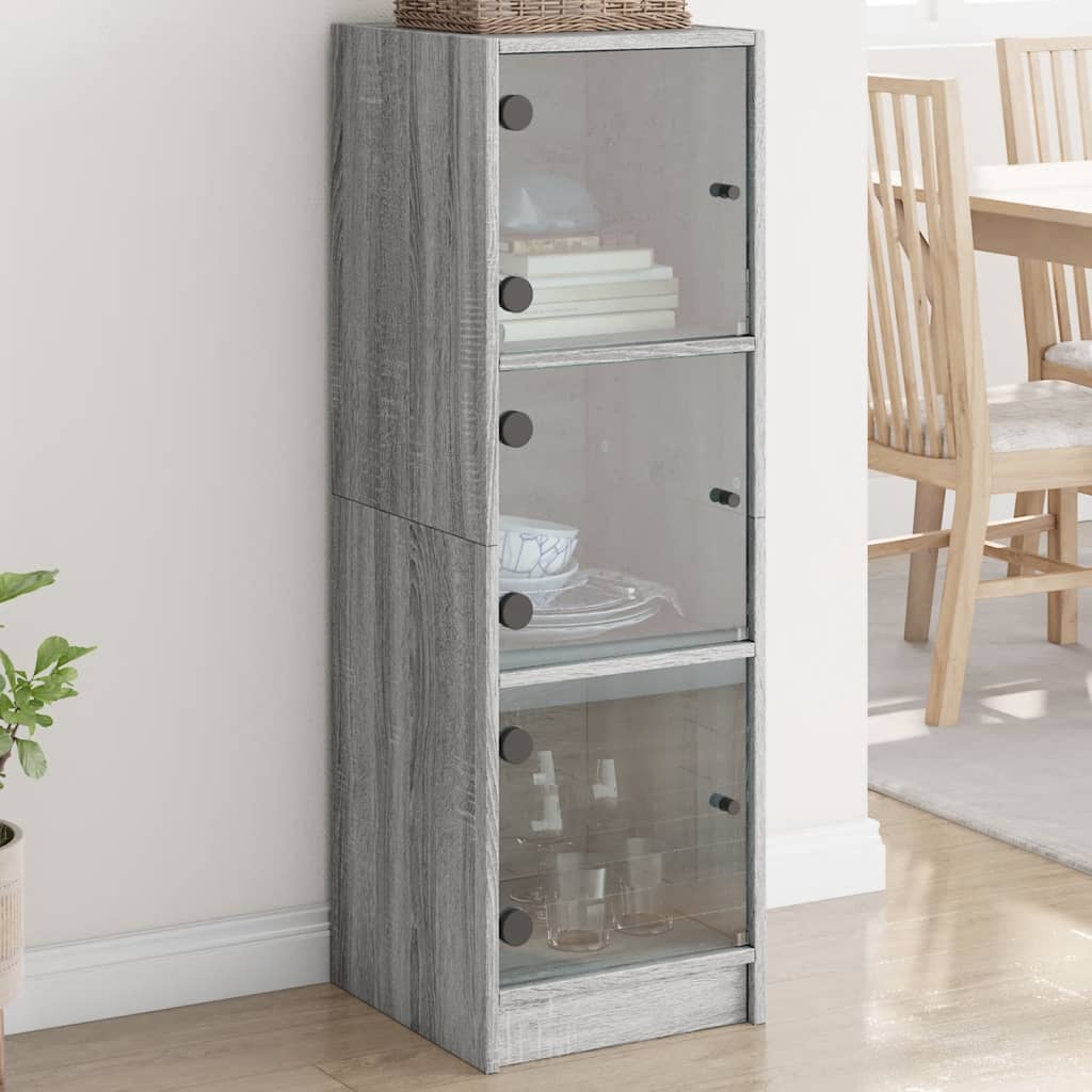Hoge kast met glazen deuren 35x37x109 cm grijs sonoma eiken is nu te koop bij PeponiXL, paradijselijk wonen!