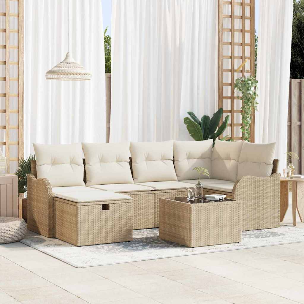 Tuin Sofa Set met kussen 7 pcs beige en crèmekleurig Poly riet is nu te koop bij PeponiXL, paradijselijk wonen!