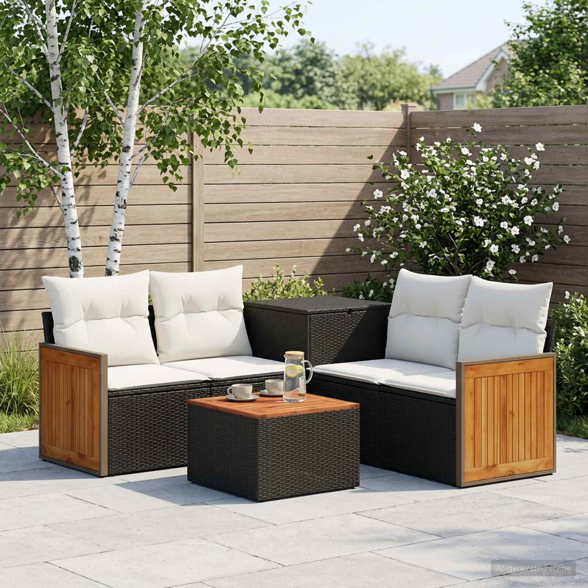 Bankstel 6 st Zwart en Cream Wit Poly Rattan en Staal is nu te koop bij PeponiXL, paradijselijk wonen!