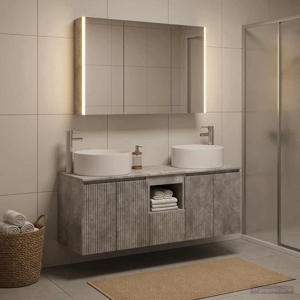 Badkamerkastenset 4 st Betongrijs Bewerkt hout is nu te koop bij PeponiXL, paradijselijk wonen!