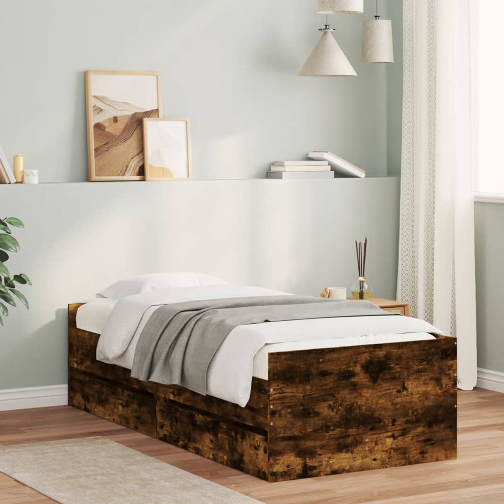 Bedframe met lades gerookt eikenkleurig 75x190 cm Small Single is nu te koop bij PeponiXL, paradijselijk wonen!