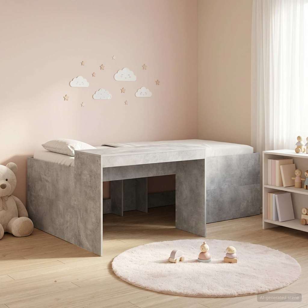 Hoge Bed Frame met Bureau voor Kinderen Betongrijs Bewerkt hout is nu te koop bij PeponiXL, paradijselijk wonen!