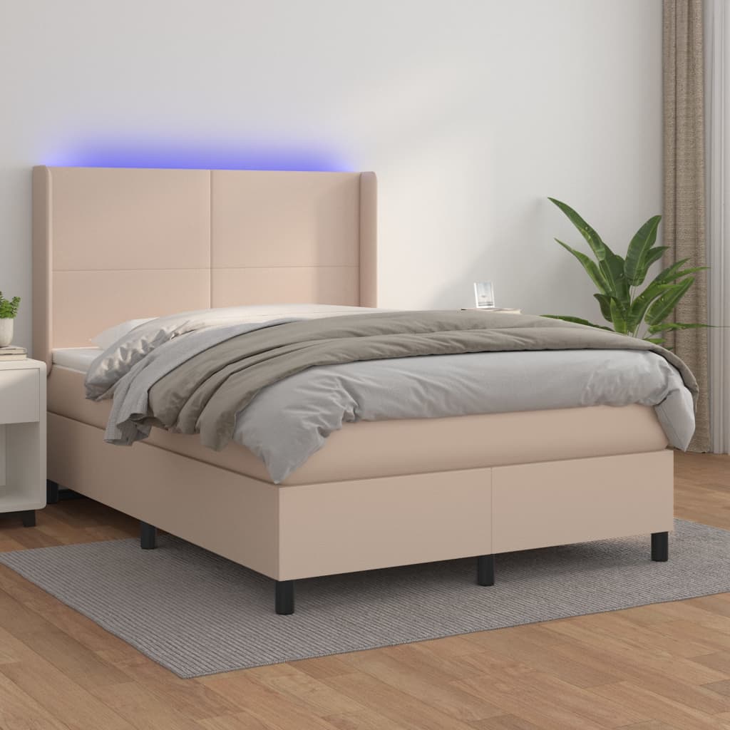 Boxspring met matras en LED kunstleer cappuccinokleur 140x190cm is nu te koop bij PeponiXL, paradijselijk wonen!
