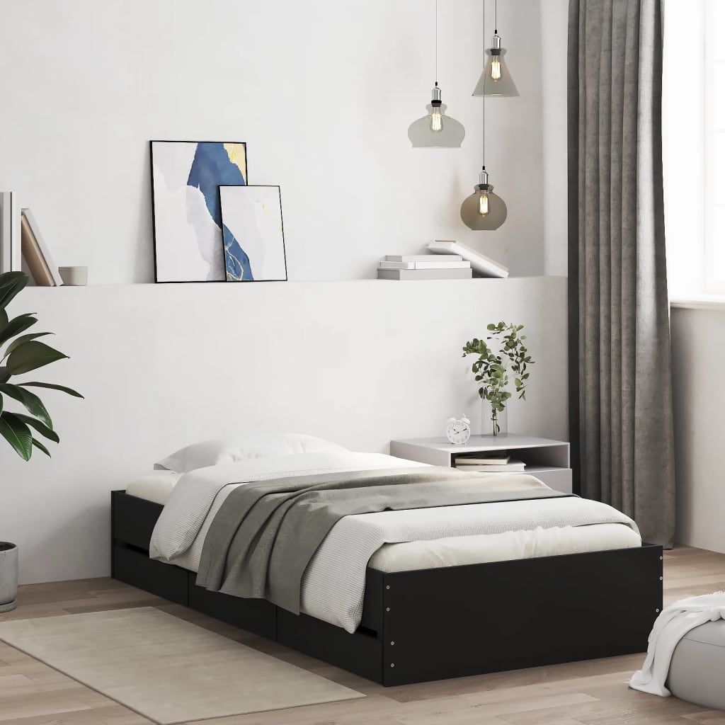 Bedframe met lades bewerkt hout zwart 90x200 cm is nu te koop bij PeponiXL, paradijselijk wonen!