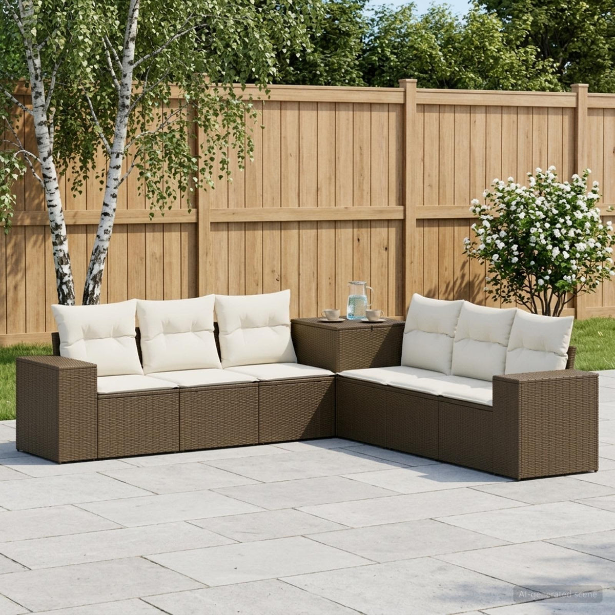 Bankstel 7 pcs Bruin en Crème Wit Poly Rattan en Staal is nu te koop bij PeponiXL, paradijselijk wonen!