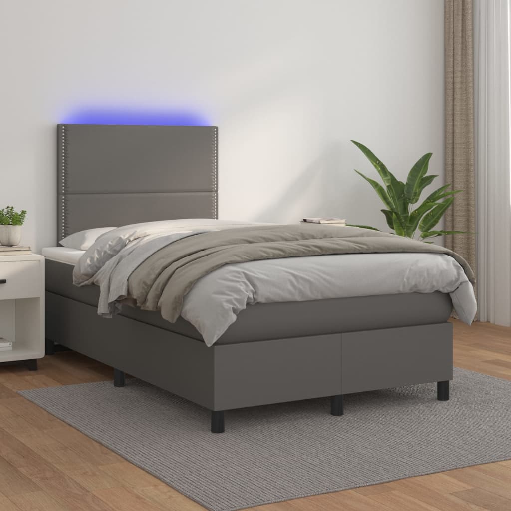 Boxspring met matras en LED kunstleer grijs 120x200 cm is nu te koop bij PeponiXL, paradijselijk wonen!