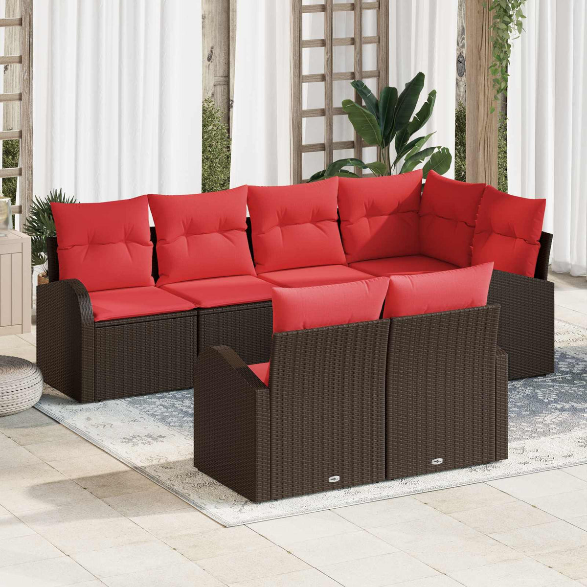 Tuin Sofa Set met kussen 7 pcs Bruin en Rood poly rattan is nu te koop bij PeponiXL, paradijselijk wonen!
