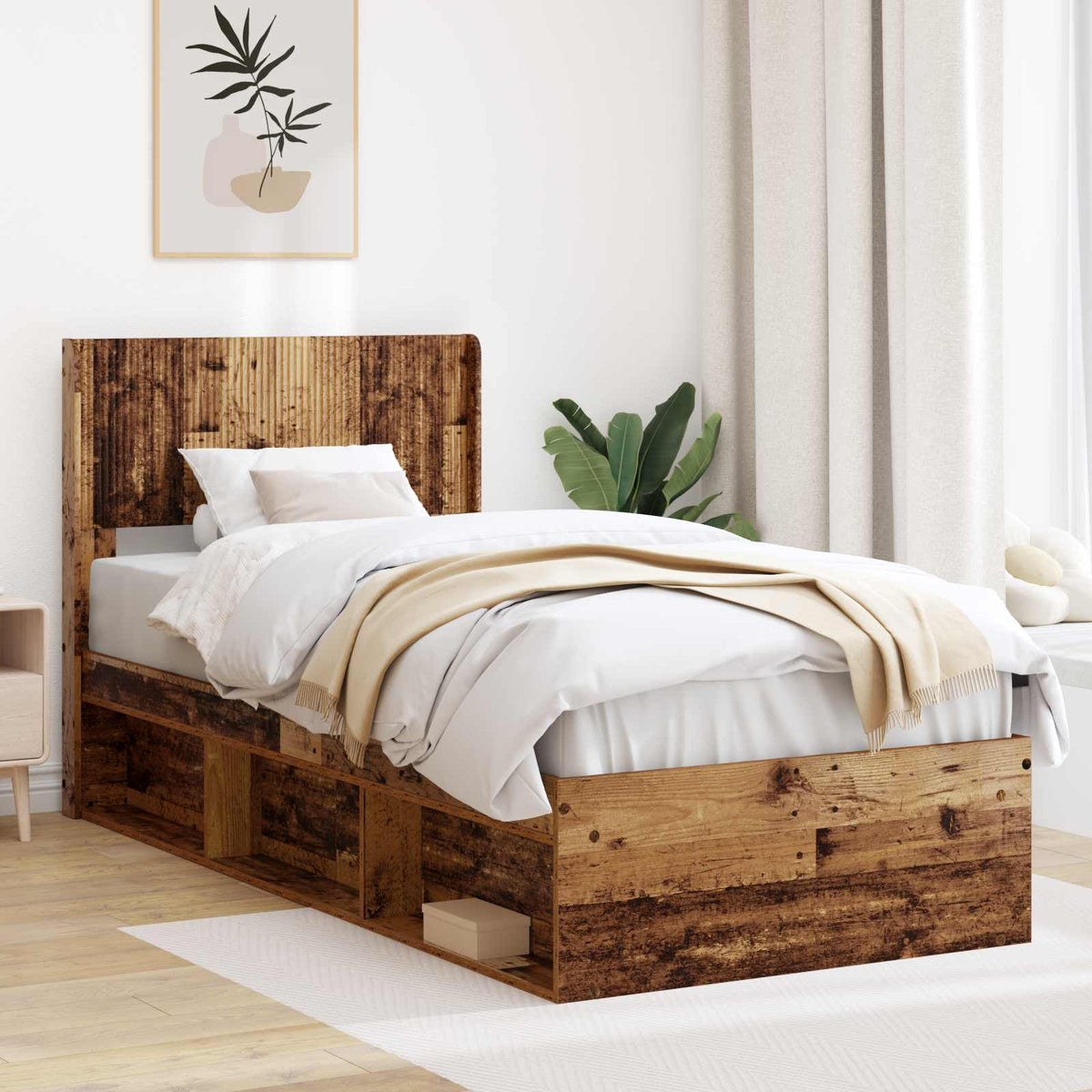 Bedframe met opbergruimte en hoofdbord Oud hout 100 x 200 cm is nu te koop bij PeponiXL, paradijselijk wonen!