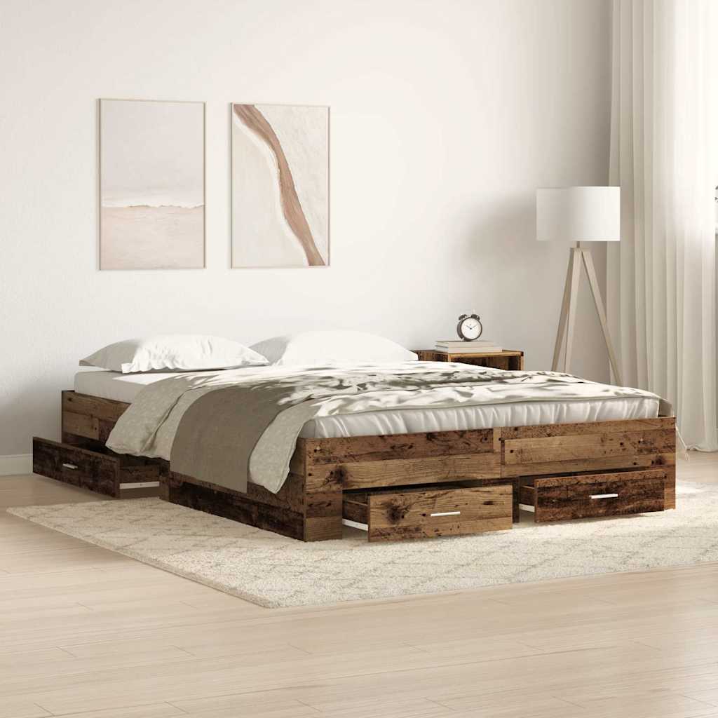 Bedframe met lade met opslag Oud Hout 160 x 200 cm Bewerkt hout is nu te koop bij PeponiXL, paradijselijk wonen!