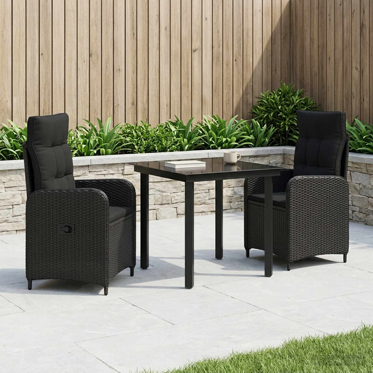 Bank tafel set 3 pcs Zwart PE Rattan en Poeder-Coated Staal is nu te koop bij PeponiXL, paradijselijk wonen!