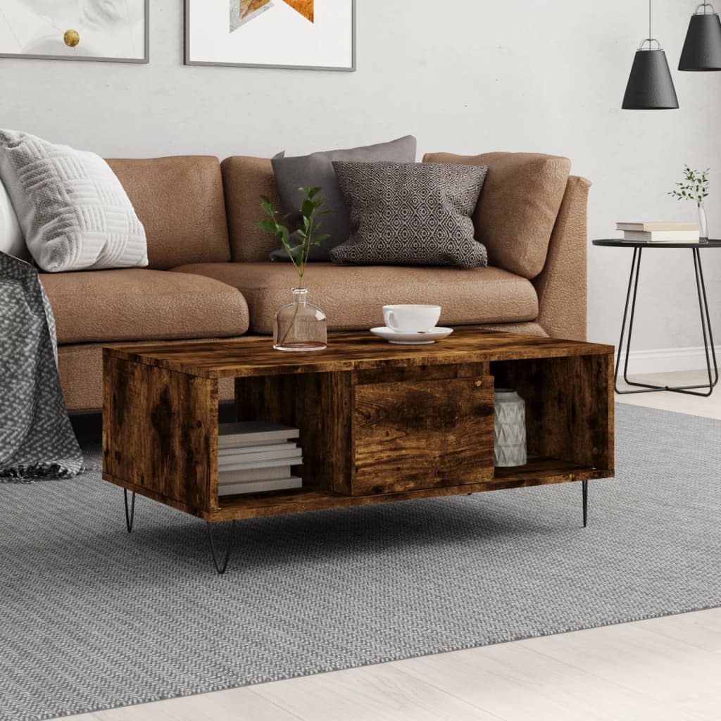 Salontafel 90x50x36,5 cm bewerkt hout gerookt eikenkleurig is nu te koop bij PeponiXL, paradijselijk wonen!