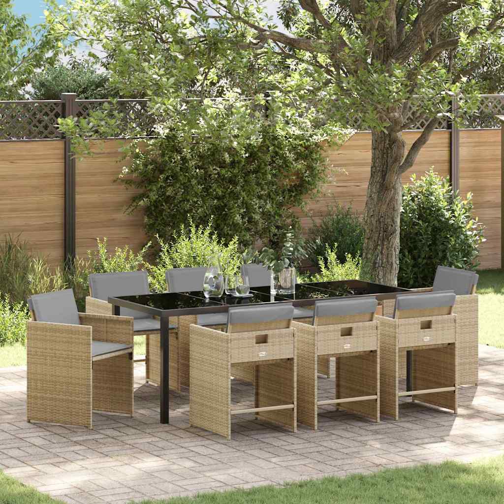 Tuin eettafelset met kussen 9 pcs Beige poly rattan is nu te koop bij PeponiXL, paradijselijk wonen!
