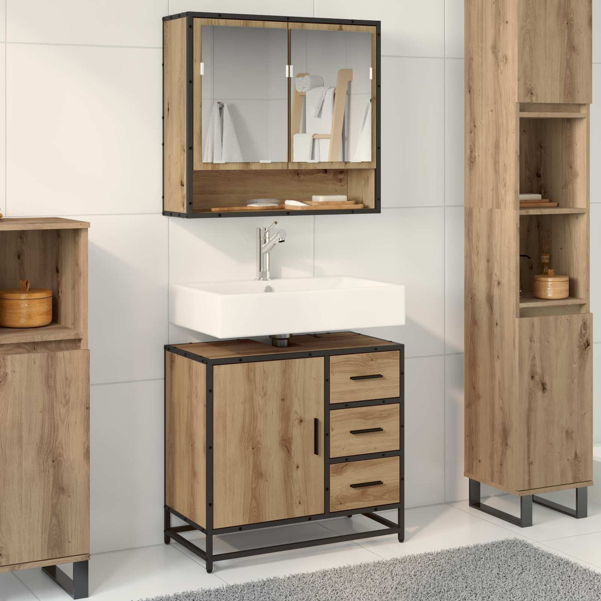 Badkamerkast Artisan Eiken 65 x 33 x 60 cm Bewerkt hout is nu te koop bij PeponiXL, paradijselijk wonen!
