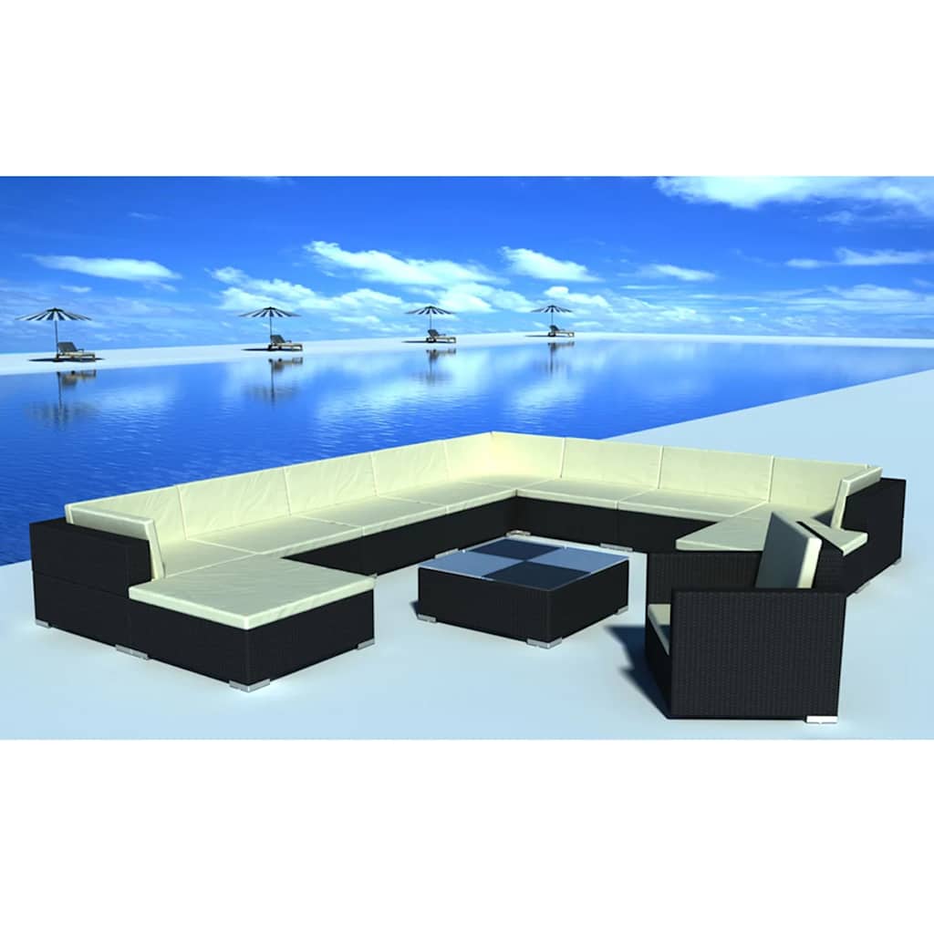 12-delige Loungeset met kussens poly rattan zwart is nu te koop bij PeponiXL, paradijselijk wonen!