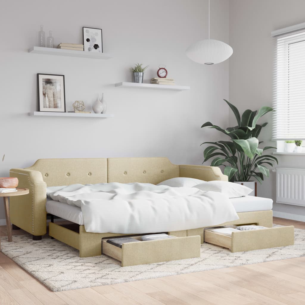Slaapbank met onderschuifbed en lades 80x200 cm stof crèmekleur is nu te koop bij PeponiXL, paradijselijk wonen!