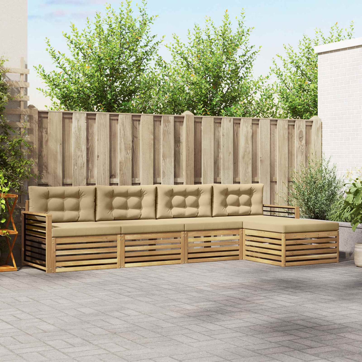 Buiten bankenset met kussen 5 pcs Wit en Beige Polyester is nu te koop bij PeponiXL, paradijselijk wonen!