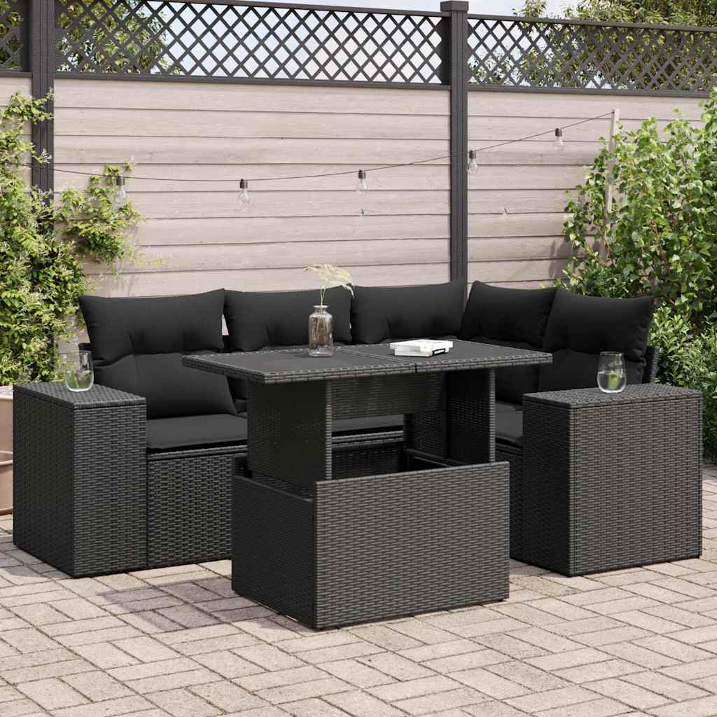 5-delige Loungeset met kussens poly rattan zwart is nu te koop bij PeponiXL, paradijselijk wonen!