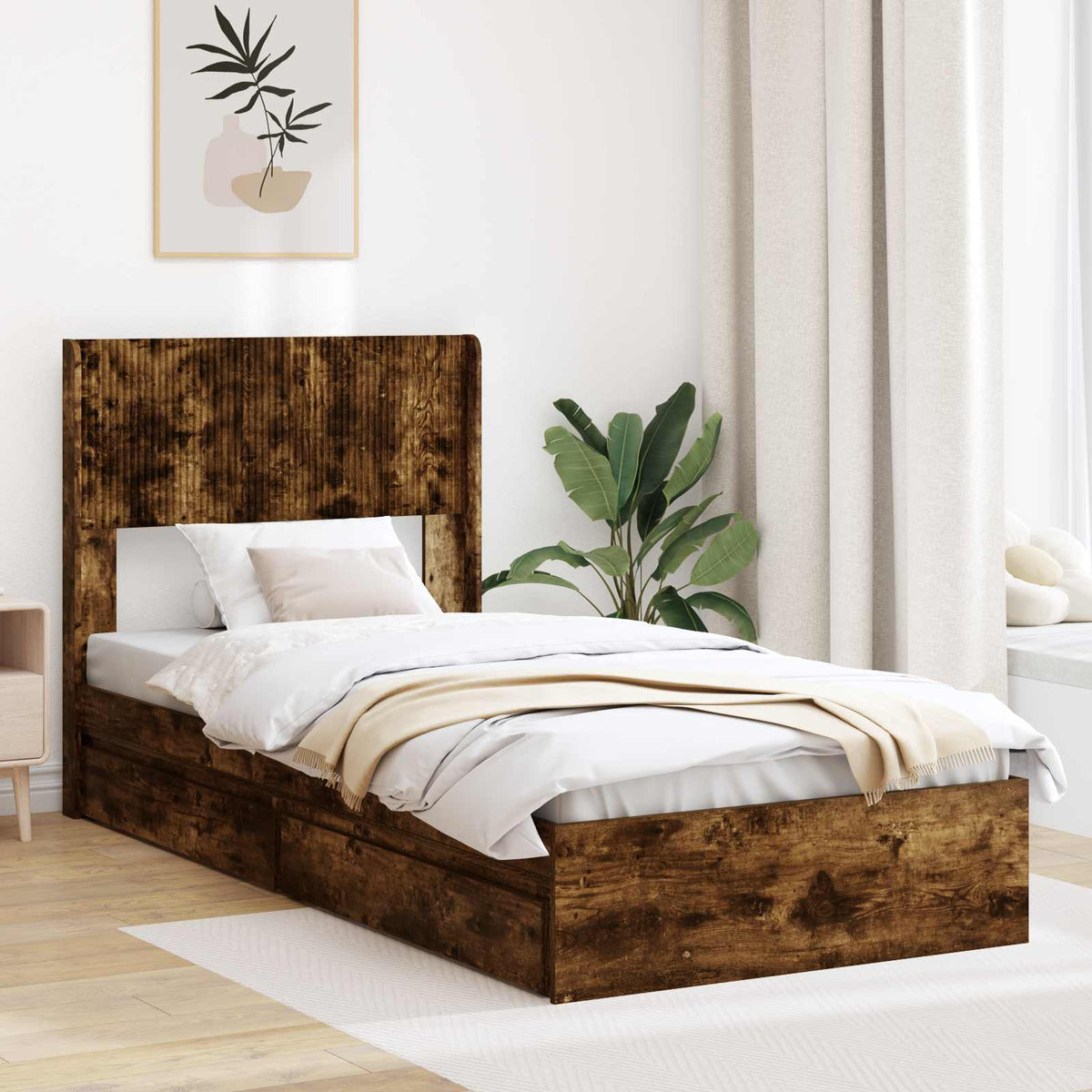 Bedframe met opbergruimte en hoofdbord Gerookt eiken is nu te koop bij PeponiXL, paradijselijk wonen!