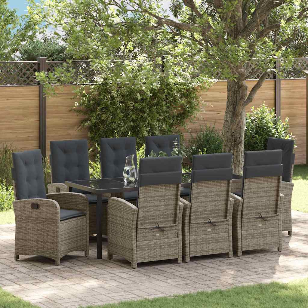 Tuin eettafelset met kussen 9 pcs Grijs poly rattan is nu te koop bij PeponiXL, paradijselijk wonen!