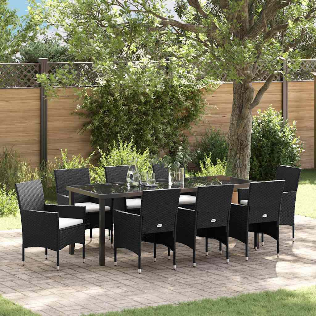 Tuin eettafelset met kussen 9 pcs Zwart poly rattan is nu te koop bij PeponiXL, paradijselijk wonen!