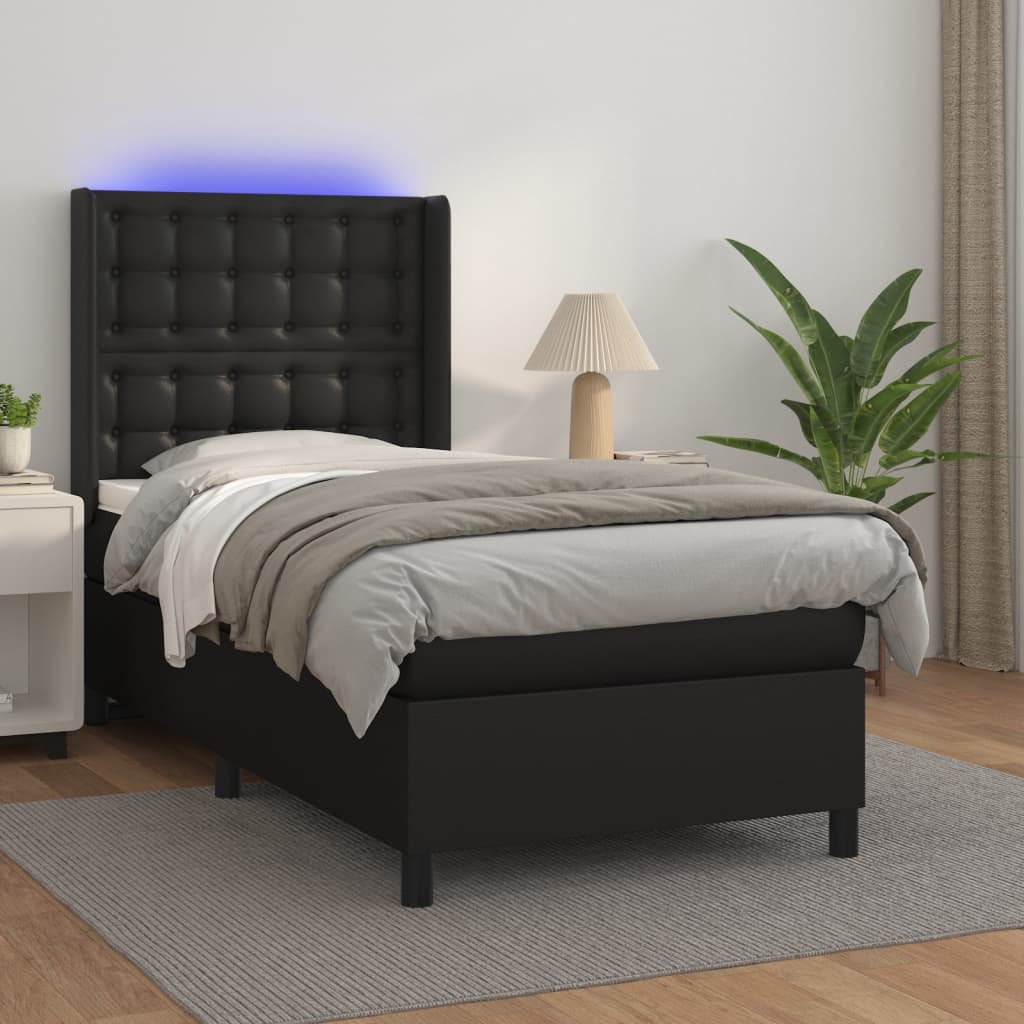 Boxspring met matras en LED kunstleer zwart 90x200 cm is nu te koop bij PeponiXL, paradijselijk wonen!