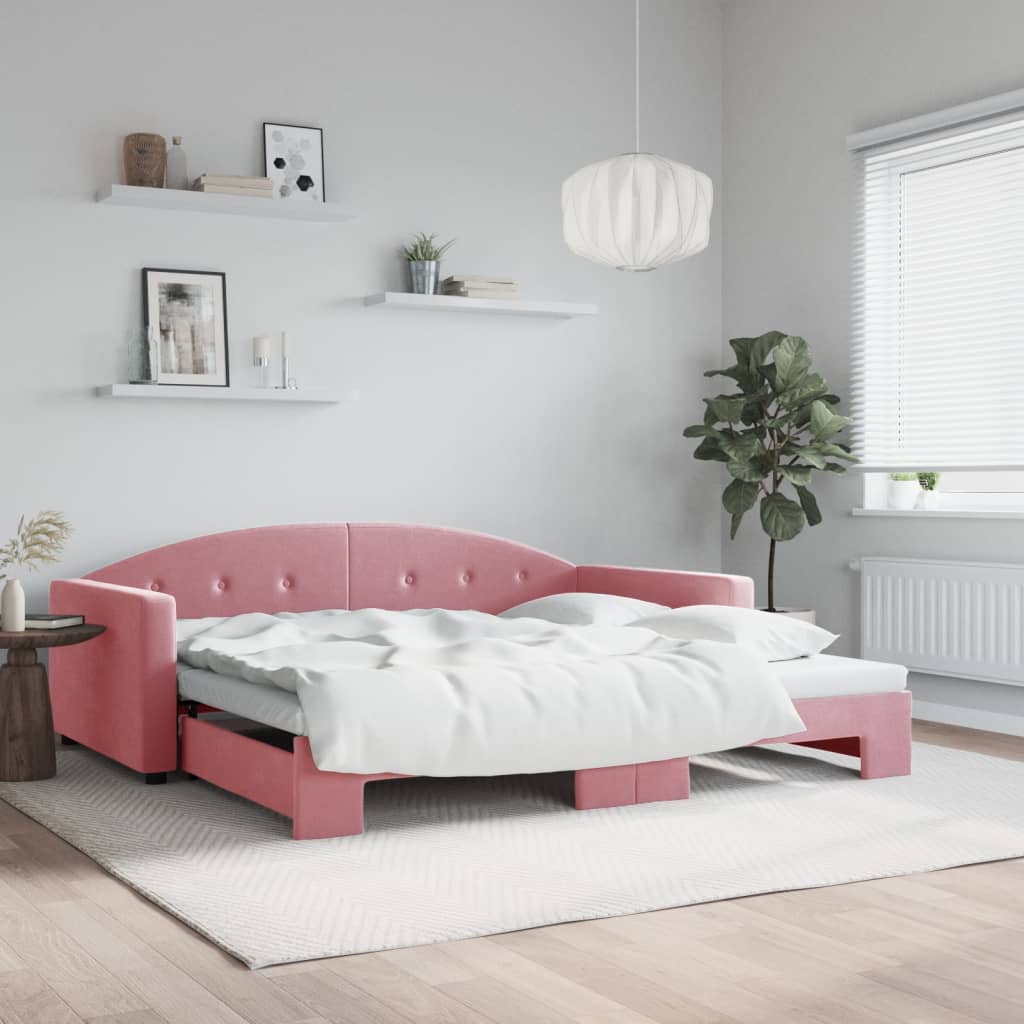 Slaapbank met onderschuifbed 100x200 cm fluweel roze is nu te koop bij PeponiXL, paradijselijk wonen!