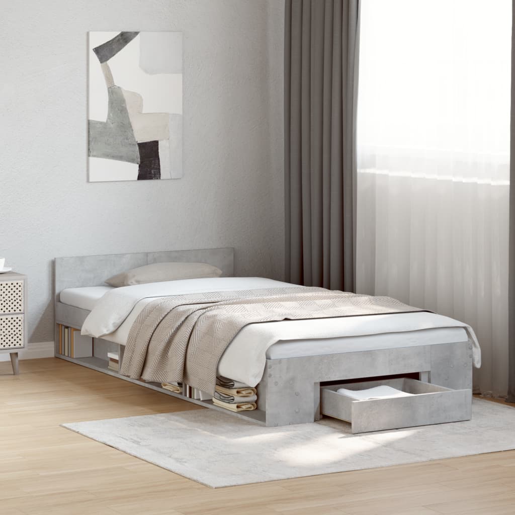 Bedframe met lade bewerkt hout betongrijs 100x200 cm is nu te koop bij PeponiXL, paradijselijk wonen!
