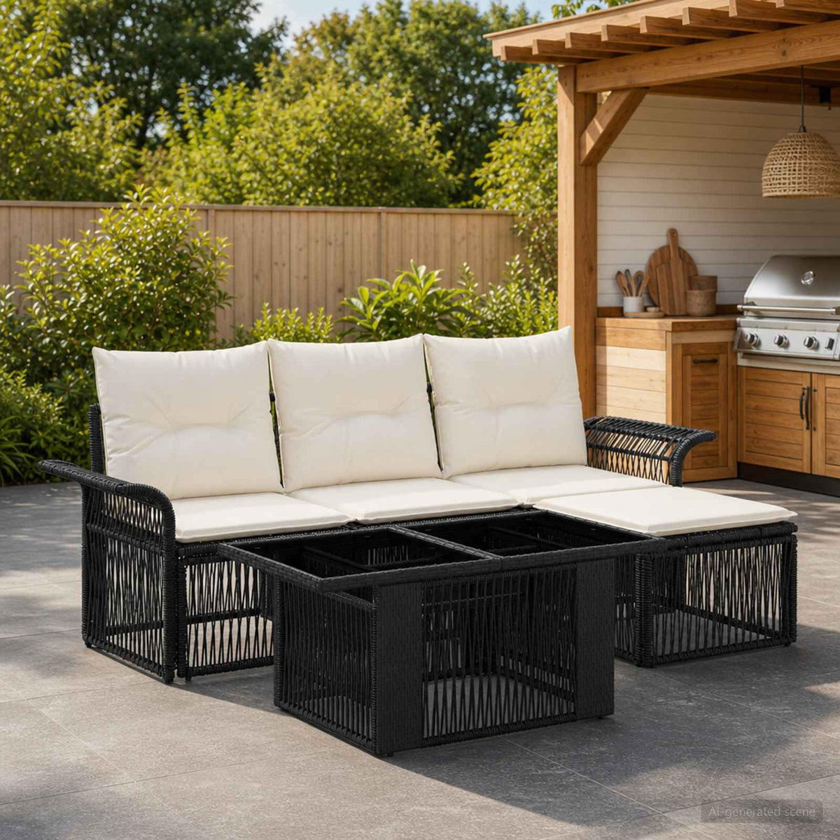 Tuinbankenset 5 st Zwart en Cream Wit poly rattan is nu te koop bij PeponiXL, paradijselijk wonen!