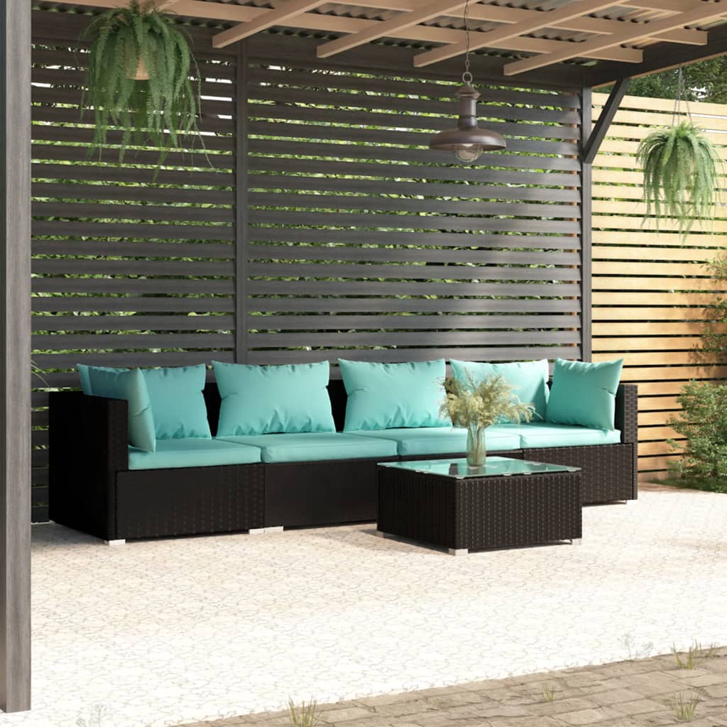 5-delige Loungeset met kussens poly rattan zwart is nu te koop bij PeponiXL, paradijselijk wonen!