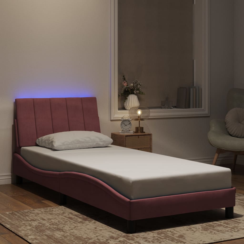 Bedframe met LED zonder matras "Hanko" fluweel roze 80x200 cm is nu te koop bij PeponiXL, paradijselijk wonen!
