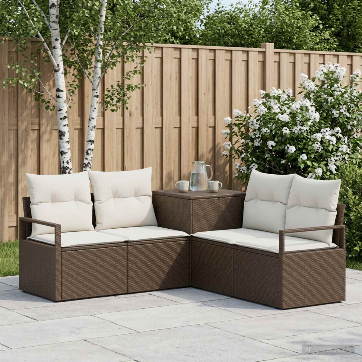 Bankstel 5 st Bruin en Crème Wit Poly Rattan en Staal is nu te koop bij PeponiXL, paradijselijk wonen!