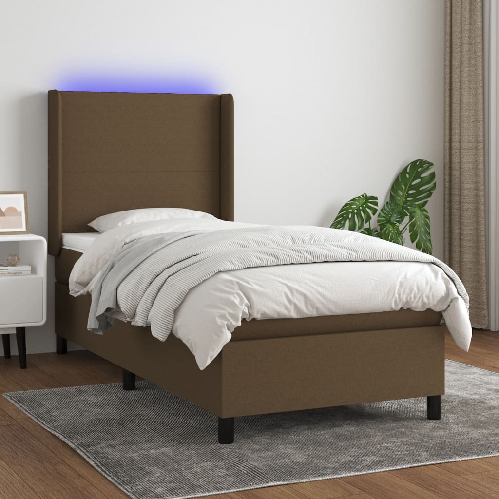 Boxspring met matras en LED stof donkerbruin 90x190 cm is nu te koop bij PeponiXL, paradijselijk wonen!