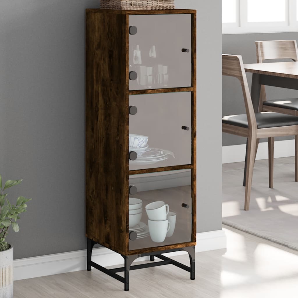 Hoge kast met glazen deuren 35x37x120 cm gerookt eikenkleurig is nu te koop bij PeponiXL, paradijselijk wonen!
