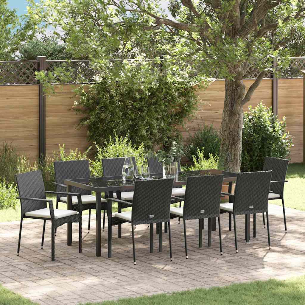 Tuin eettafelset met kussen 9 pcs Zwart poly rattan is nu te koop bij PeponiXL, paradijselijk wonen!