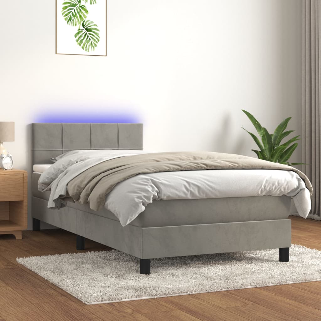 Boxspring met matras en LED fluweel lichtgrijs 100x200 cm is nu te koop bij PeponiXL, paradijselijk wonen!