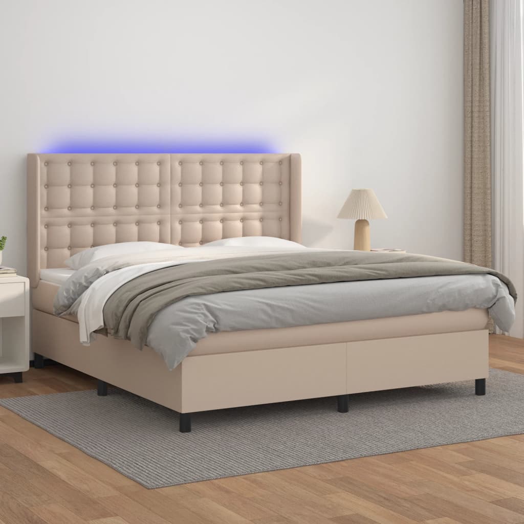 Boxspring met matras en LED kunstleer cappuccinokleur 160x200cm is nu te koop bij PeponiXL, paradijselijk wonen!