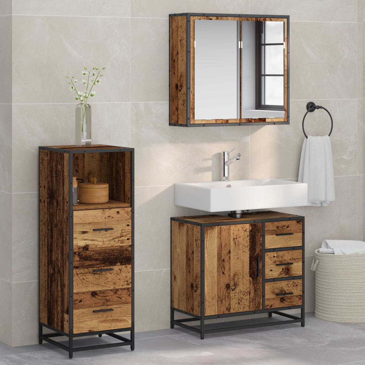 Badkamermeubelset met lade 3 pcs Oud Hout Bewerkt hout is nu te koop bij PeponiXL, paradijselijk wonen!
